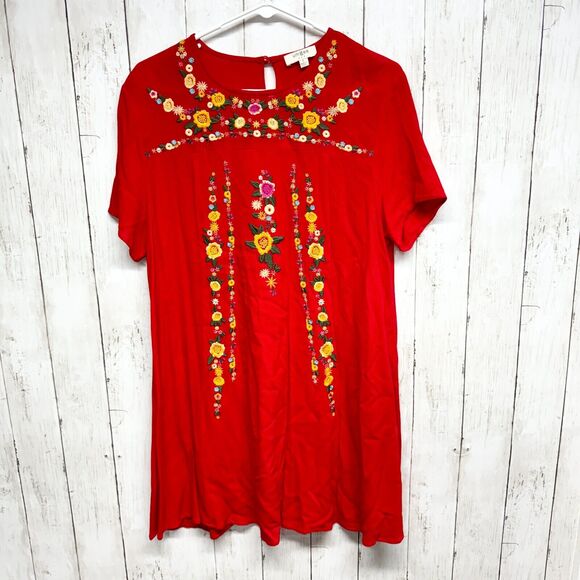 Umgee Dress Women Small Red Floral Embroidered Mini Boho Short Sleeve Cotton - Picture 1 of 5